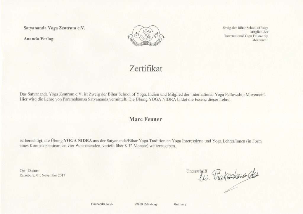 Marc Fenner Yoga Nidra Ausbilder Zertifikat in der Swami Satyananda Tradition