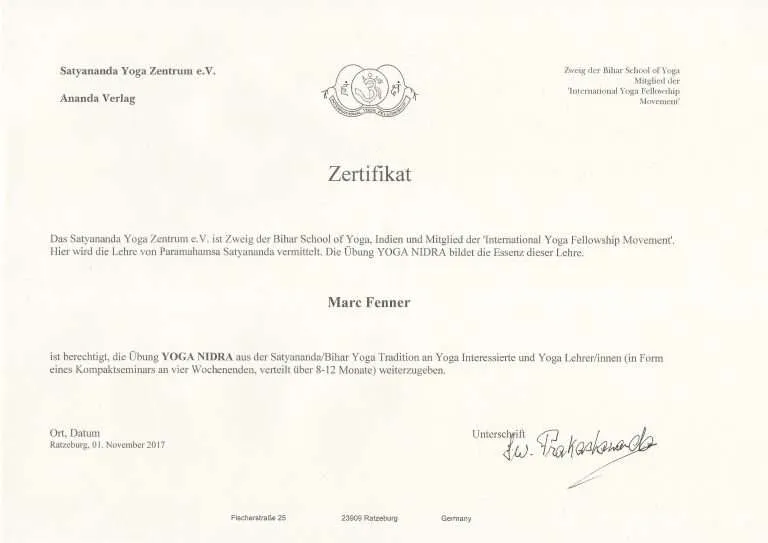Marc Fenner Yoga Nidra Ausbilder Zertifikat in der Satyananda Tradition